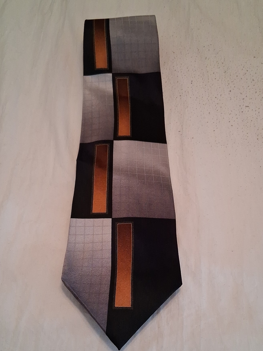 Vintage Giogio Brutini Men's Black & Gray Silk Geometric Tie with Gold Accent.